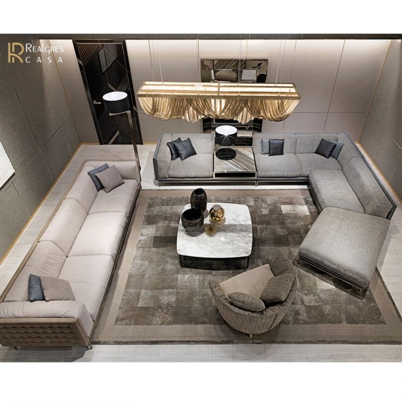Gray Fabric Sofa Italian Luxury 8 Seater Living Room Sofa Set