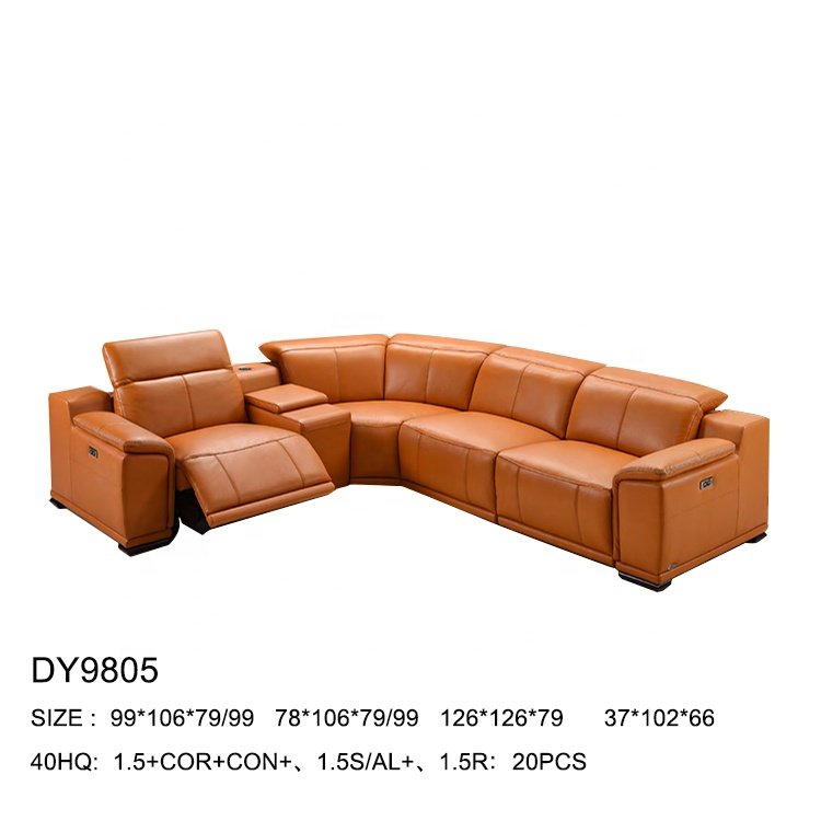 Smart home genuine leather upholstery electric L shape corner recliner leather sofa set furniture living room with console table