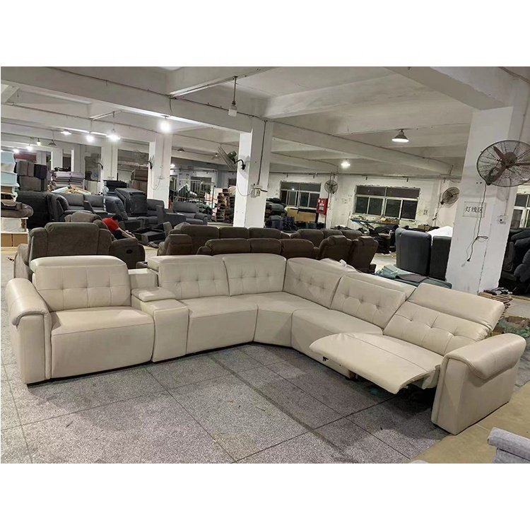 Smart home genuine leather upholstery electric L shape corner recliner leather sofa set furniture living room with console table