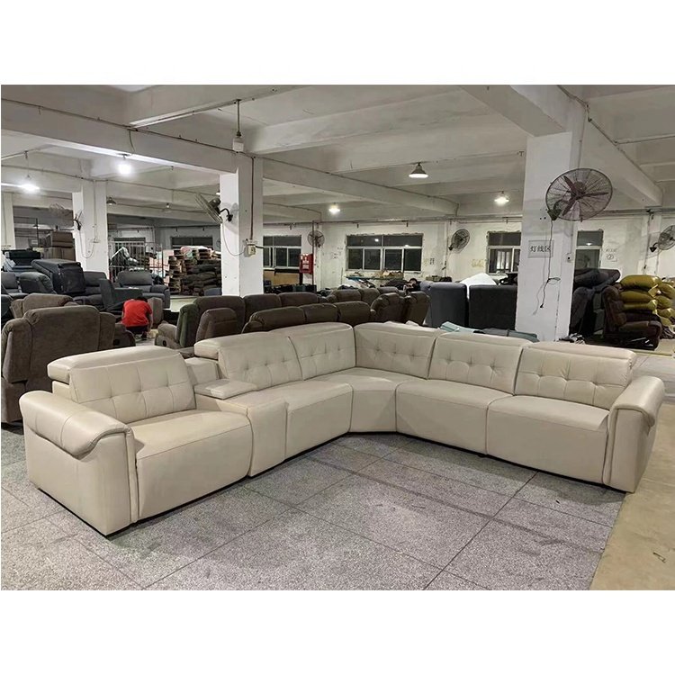Smart home genuine leather upholstery electric L shape corner recliner leather sofa set furniture living room with console table