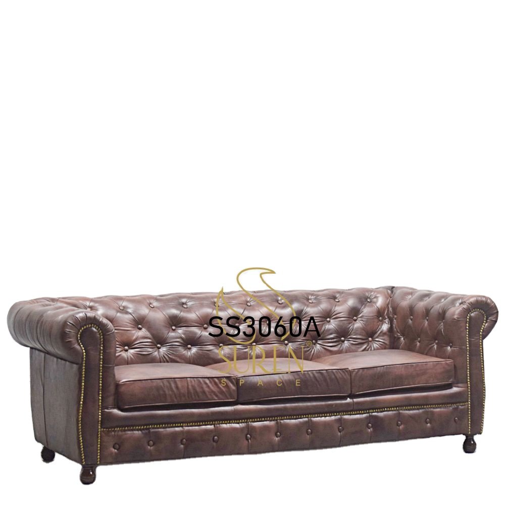 Commercial Hotel Furniture Indian Designer Handcrafted Pure Leather Three Seater Sofa Five Star Hotels Reception Sofa