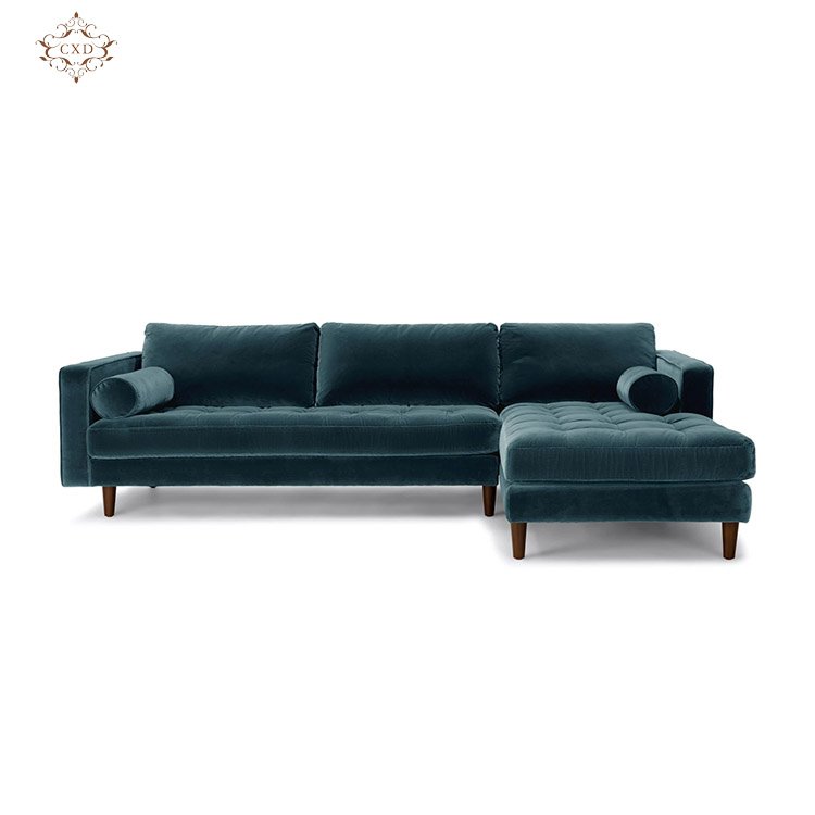 Solid Wood Frame Soft Backrest With Armrests 3 Seats L-Shaped Blue Velvet Living Room Sofa
