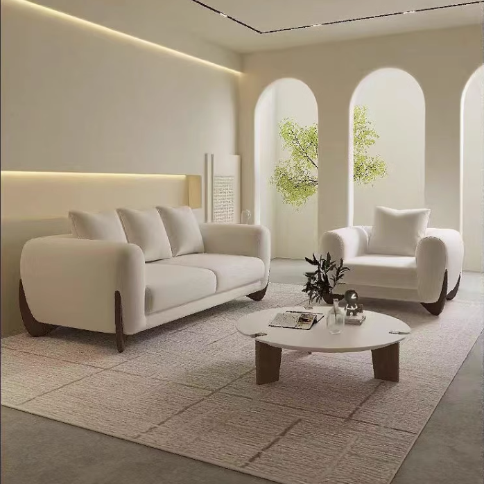 Nordic fabric cream style sofa, modern and simple small-sized lamb velvet Japanese style sofa, wabi sabi style living room sofa