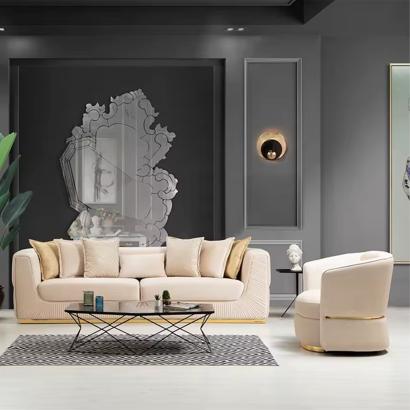 2024 Modern Style Velvet Fabric Living Room Sofas with Metal Base Set Sofa set Villa Apartment Home Living room furniture