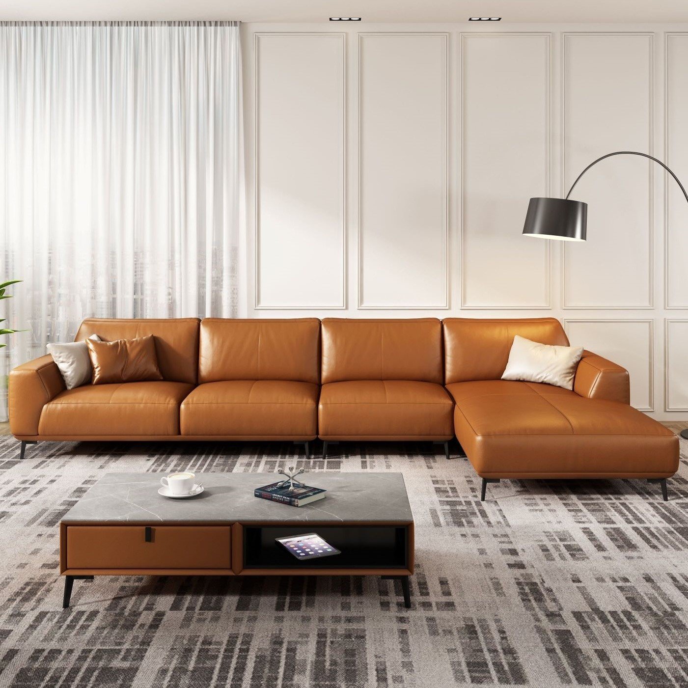 Wholesale modern genuine leather sectional sofa living room furniture light luxury latex L shape Italian sofa