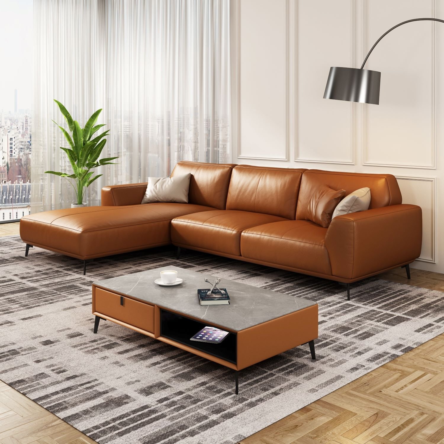 Wholesale modern genuine leather sectional sofa living room furniture light luxury latex L shape Italian sofa