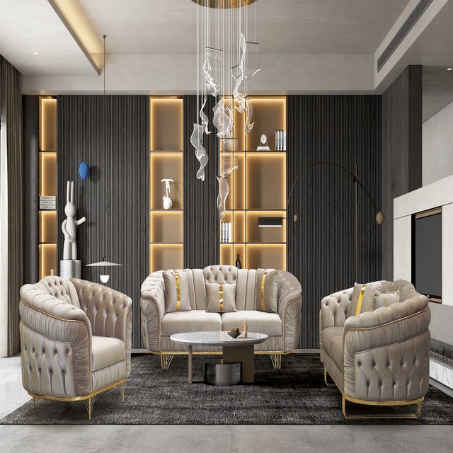 Customizable furniture tufted button sofa set 7 seater modern living room sofas sets luxury golden trim for sale