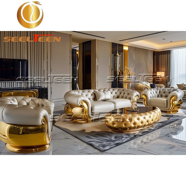 White Genuine Leather Modern Luxury White Royal Furniture Set Design Living Room Sofa