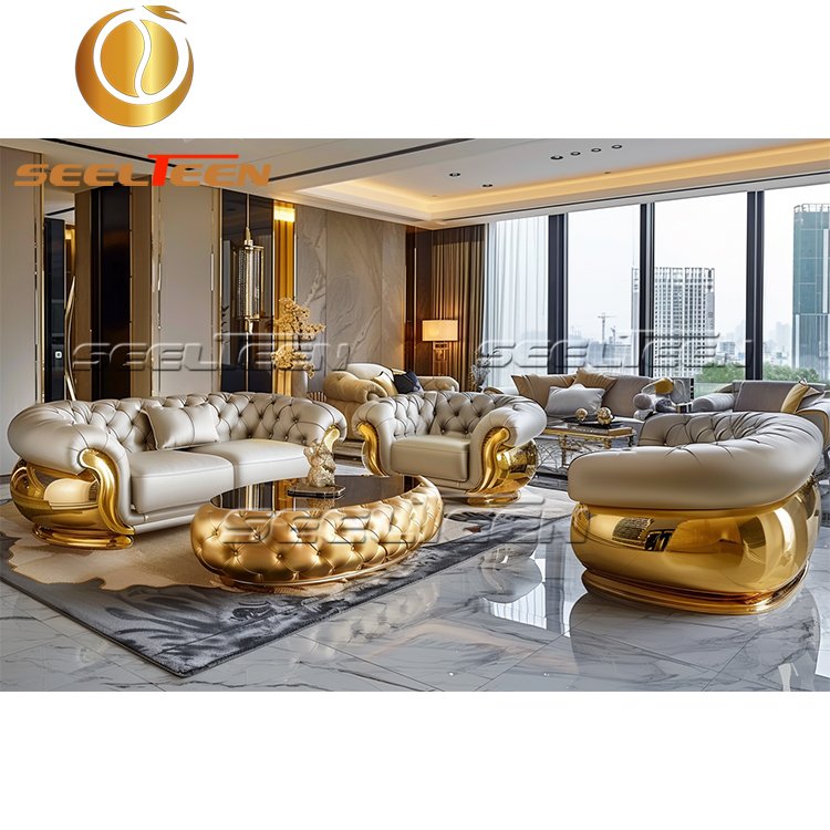 White Genuine Leather Modern Luxury White Royal Furniture Set Design Living Room Sofa