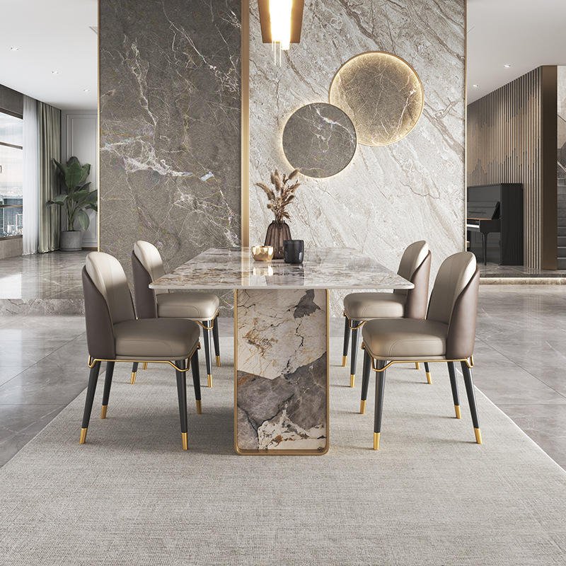 Italy Design Stainless Steel Golden Base Rectangular Marble table Set Luxury dining table And Chairs