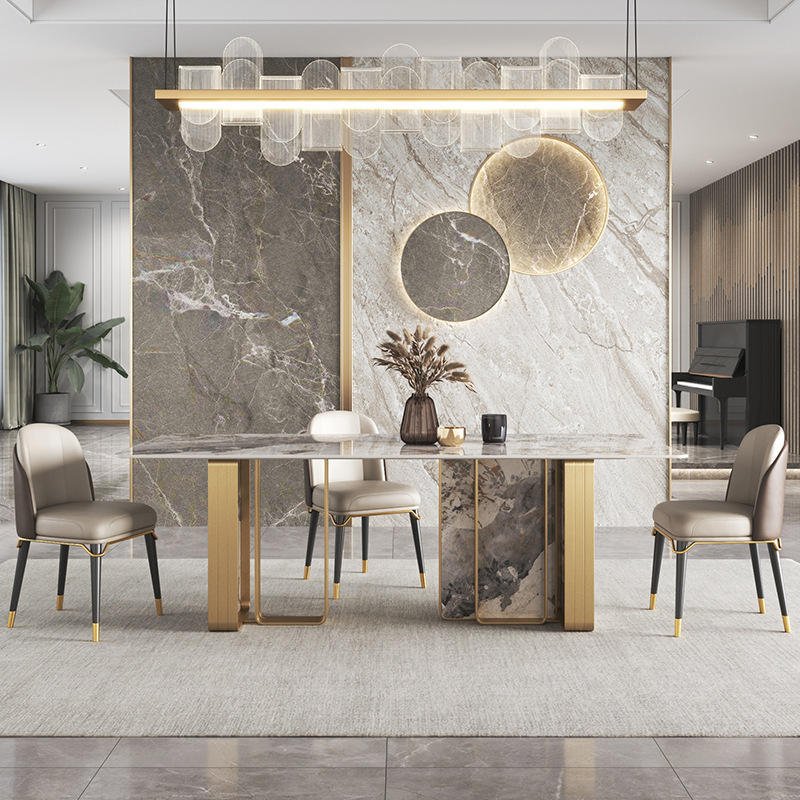 Italy Design Stainless Steel Golden Base Rectangular Marble table Set Luxury dining table And Chairs