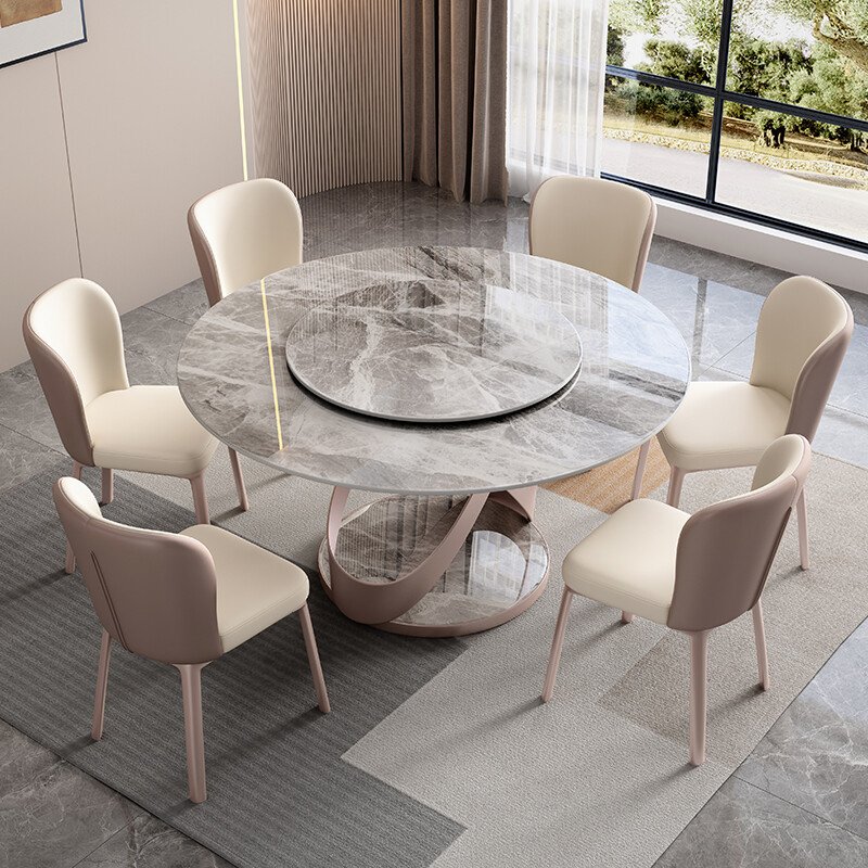 OKF Italian light luxury sintered stone slate top dining table round rotating dining table with rotating centre