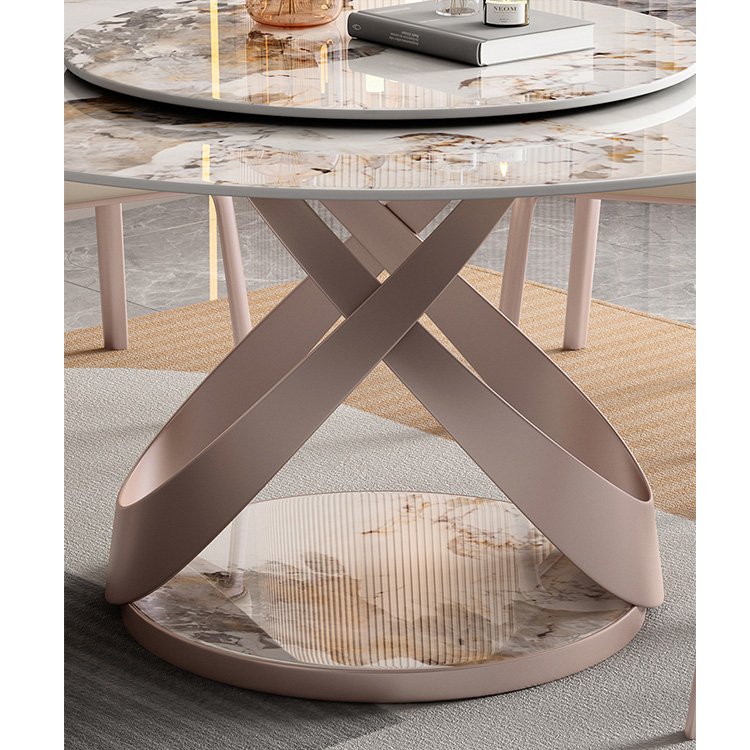 OKF Italian light luxury sintered stone slate top dining table round rotating dining table with rotating centre