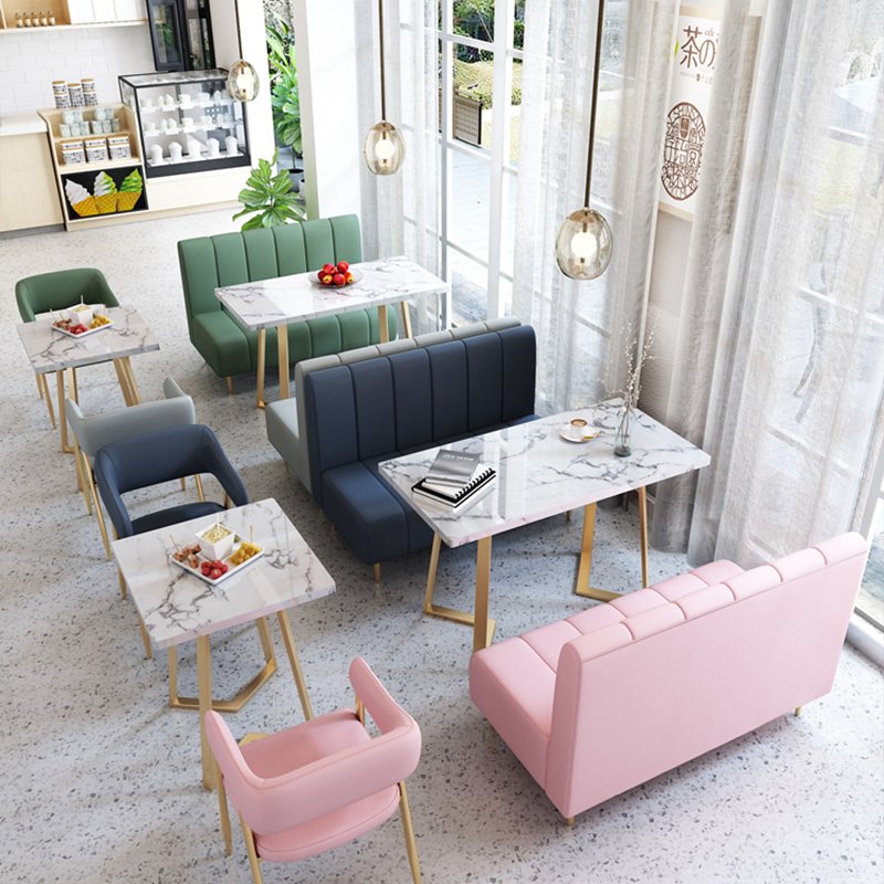 Fashionable Pink Leather Cafe Restaurant Furniture Set Wood Dining Tables and Chairs for Ice Cream Shops Catering Businesses