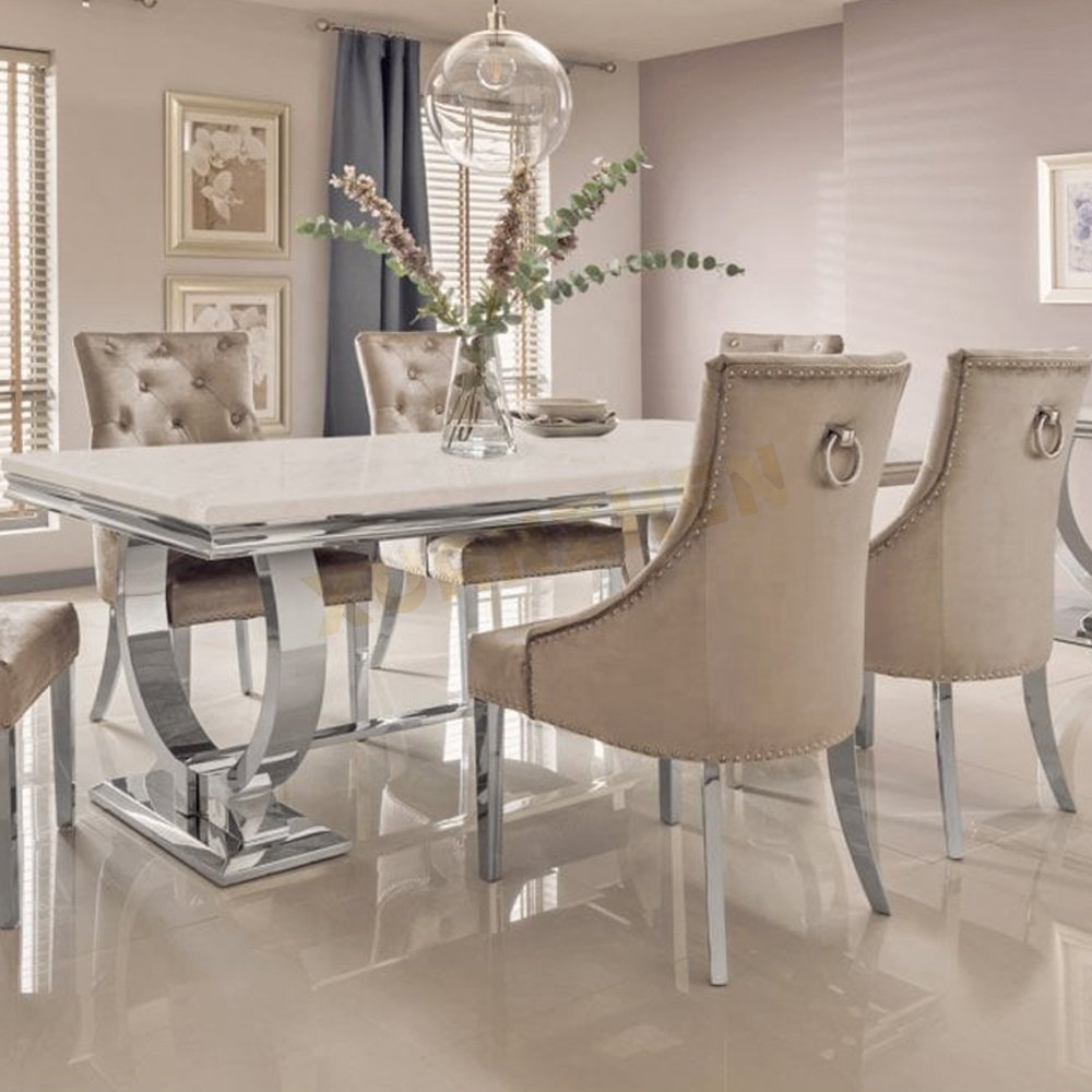 Modern home dining room furniture dinning room table sets 6 seater luxury stainless steel marble dining tables