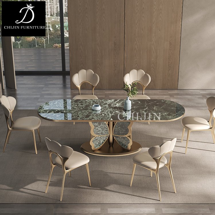 Modern Luxury Stainless Steel Pedestal Long Dining Table Set For 6 Home Hotel Dining Table Furniture