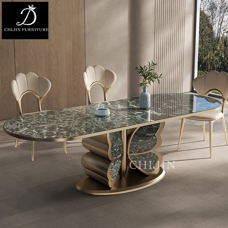 Modern Luxury Stainless Steel Pedestal Long Dining Table Set For 6 Home Hotel Dining Table Furniture