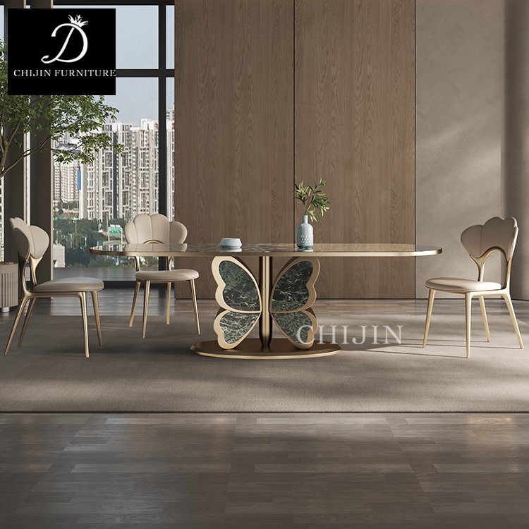 Modern Luxury Stainless Steel Pedestal Long Dining Table Set For 6 Home Hotel Dining Table Furniture