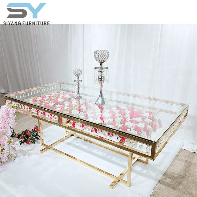 Cake Wedding Centerpieces Glass Top Cake Tables Metal Luxury Golden Decoration Square Wedding Dining Table
