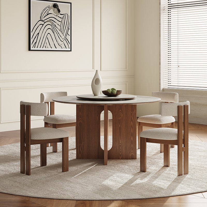PurelyFeel Designer solid wood dining table and chair combination home modern French retro style round rock board dining table