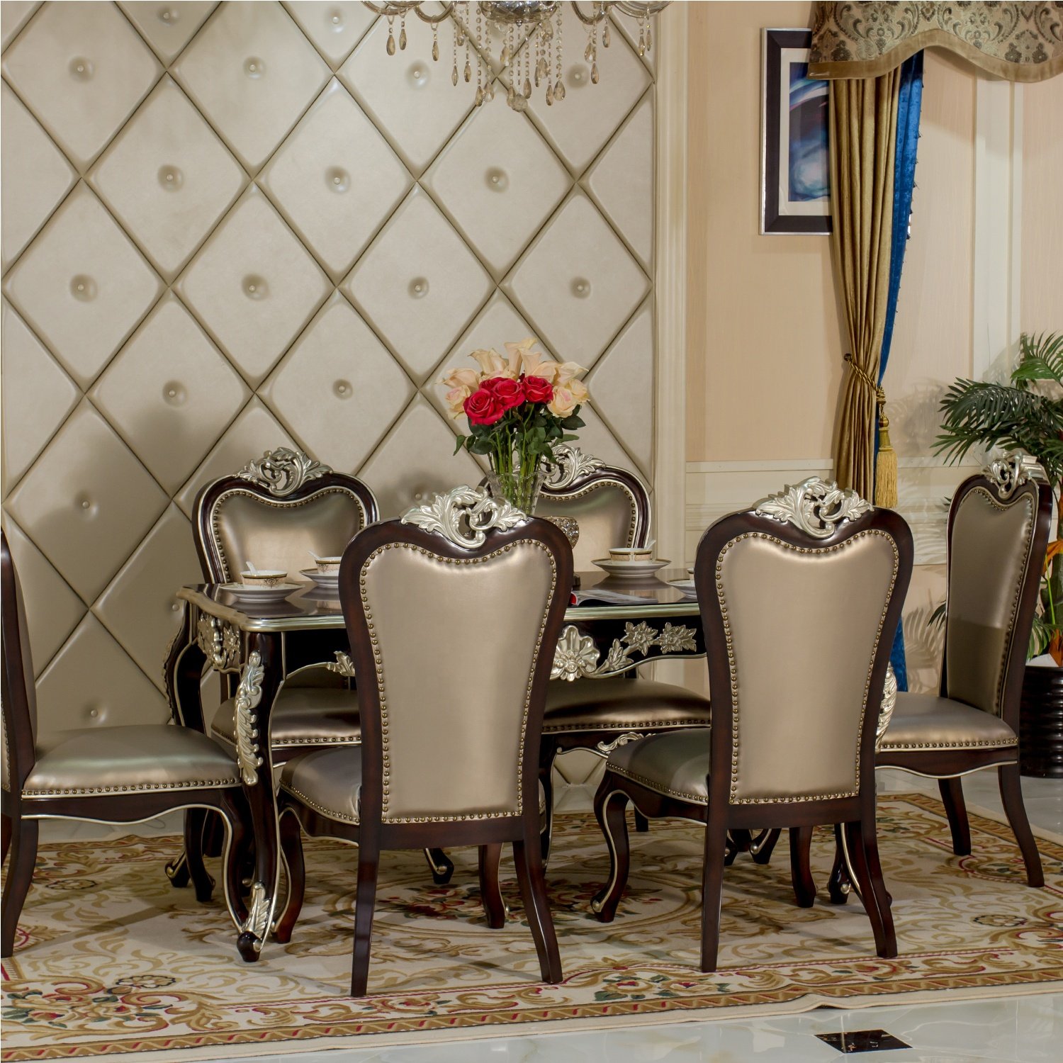 Luxury Neoclassical Dining Room Furniture European Solid Wood Carved Rectangular Dining Table And Chair