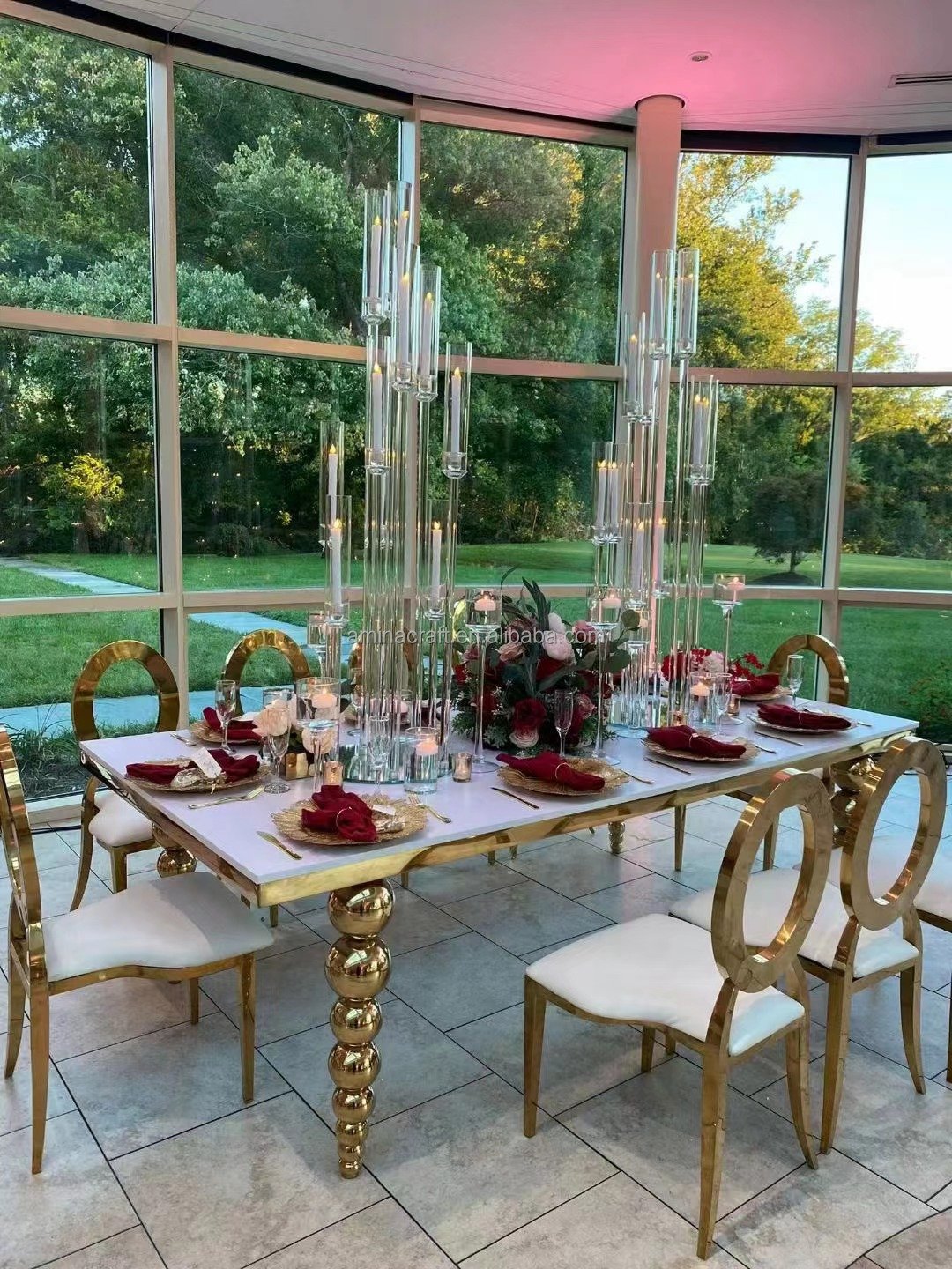 Amina craft Transparency Rectangular Stainless Steel Frame Wedding Acrylic Banquet Clear Dining Table For Wedding Decoration