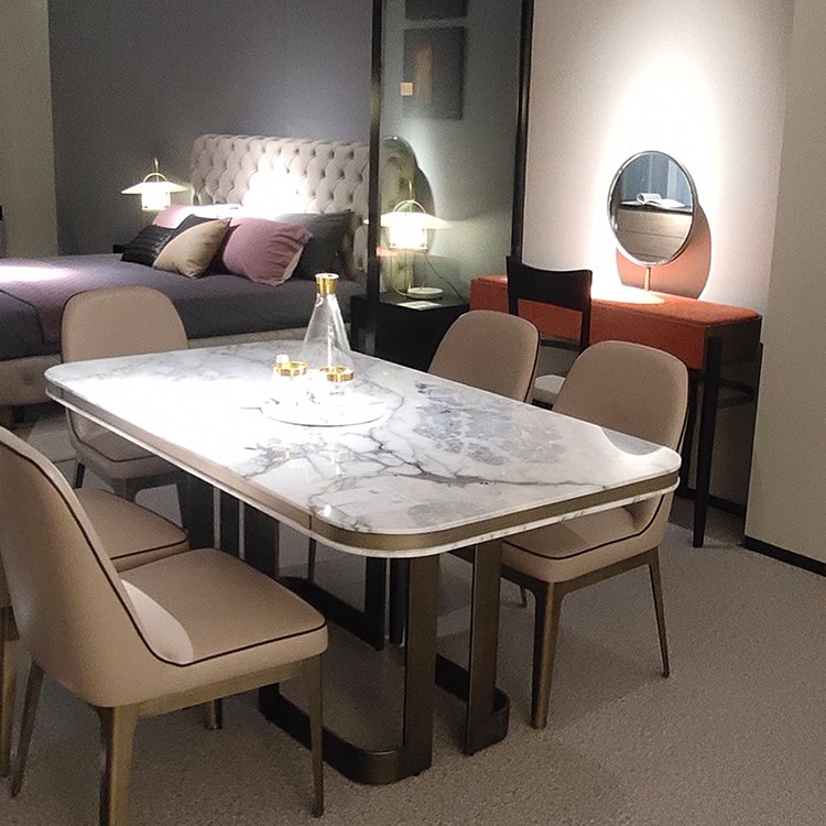 Hot Sell Modern Luxury Golden Stainless Steel Dining Table With Marble For Dining Room Furniture Dining Table