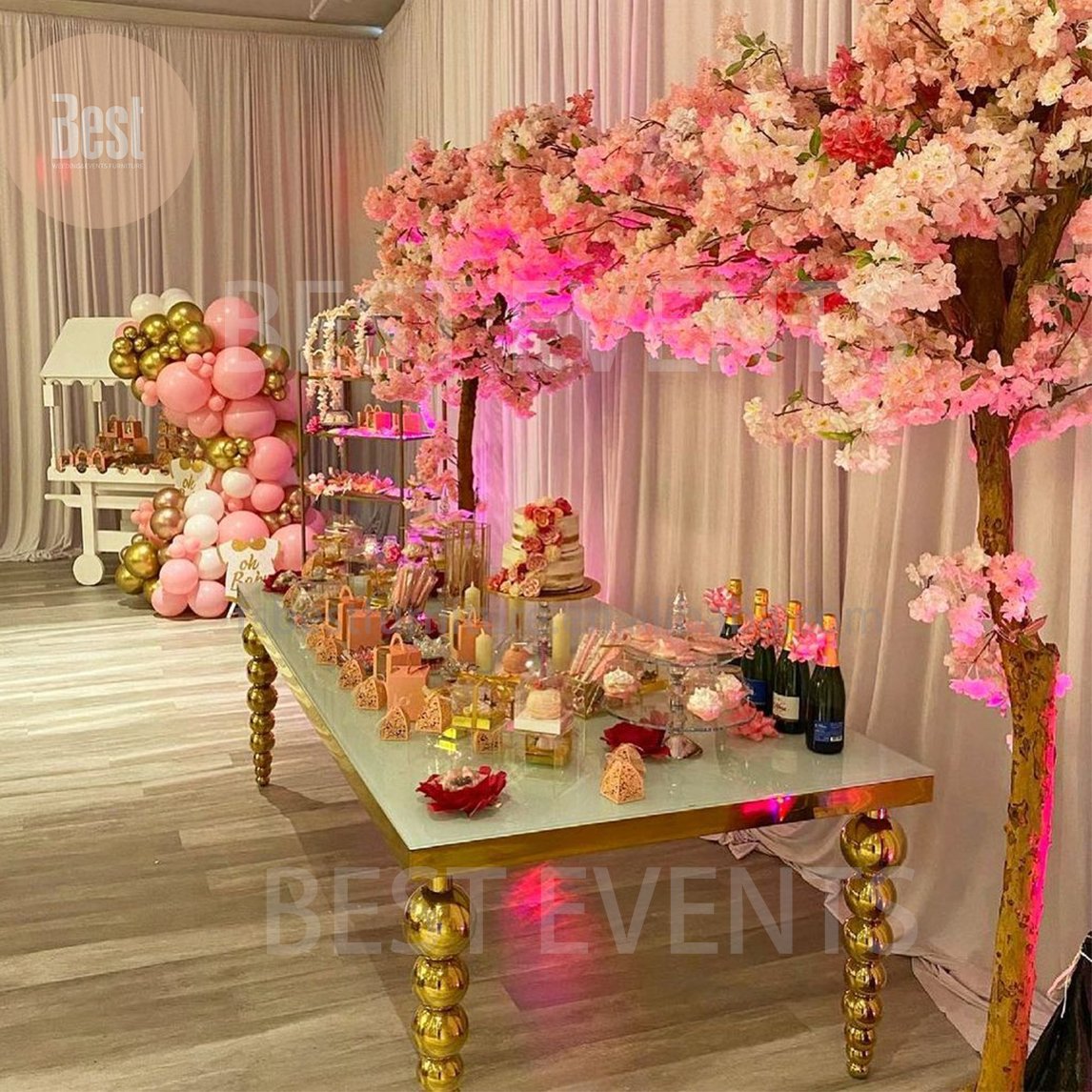 Hot Sale Rectangle Banquet Furniture Gold Colour Nine Balls legs Banquet Dining Table
