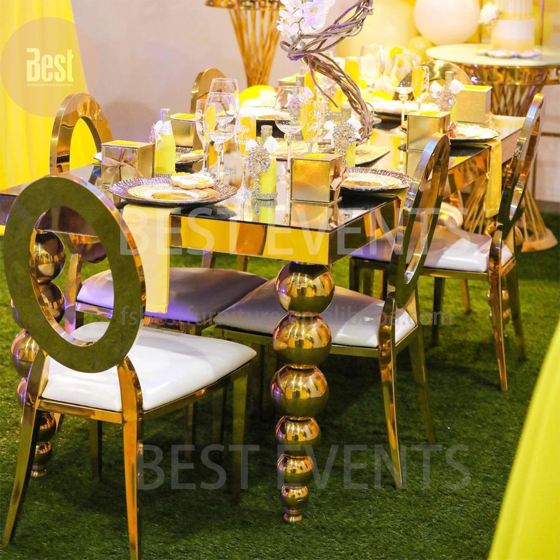 Hot Sale Rectangle Banquet Furniture Gold Colour Nine Balls legs Banquet Dining Table