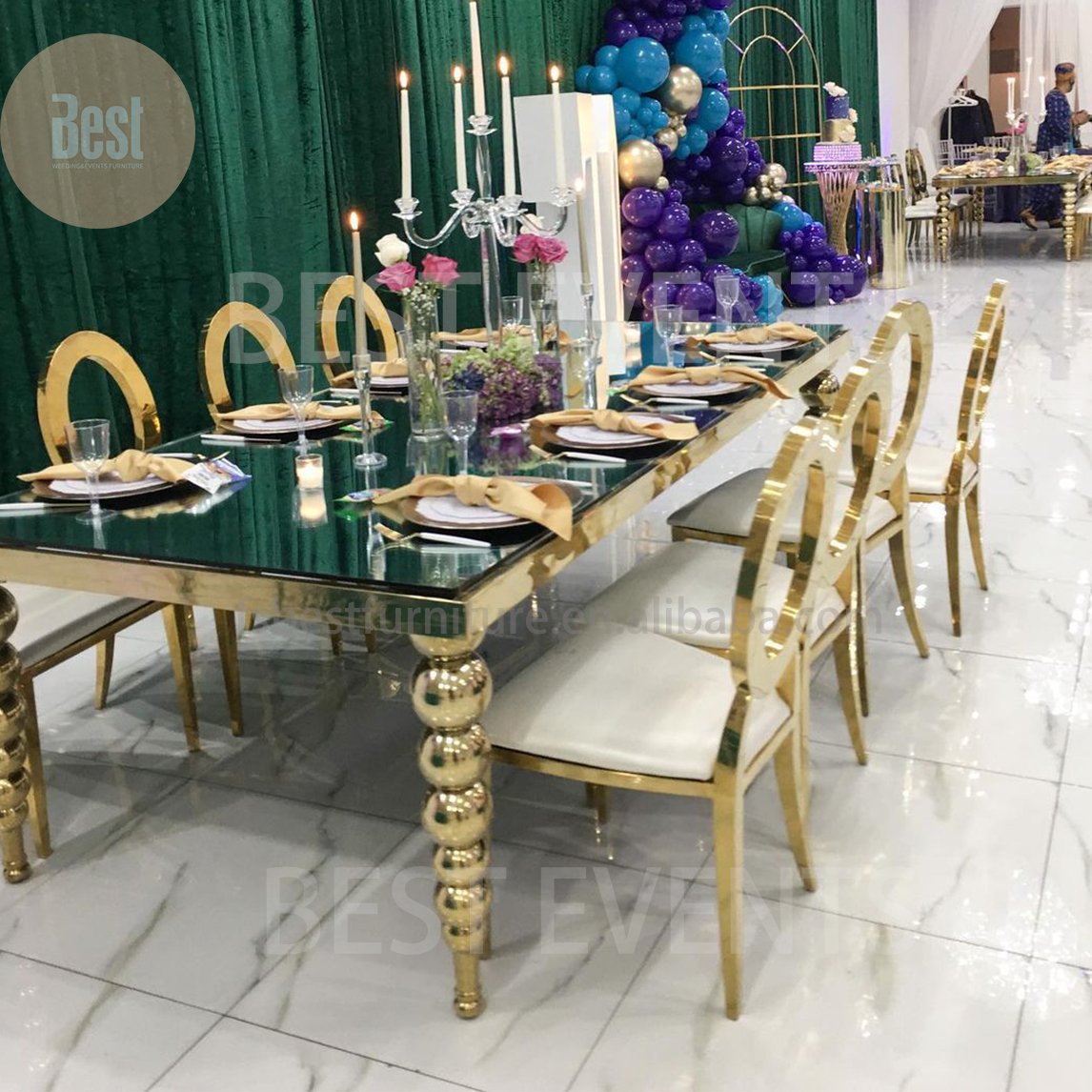 Hot Sale Rectangle Banquet Furniture Gold Colour Nine Balls legs Banquet Dining Table
