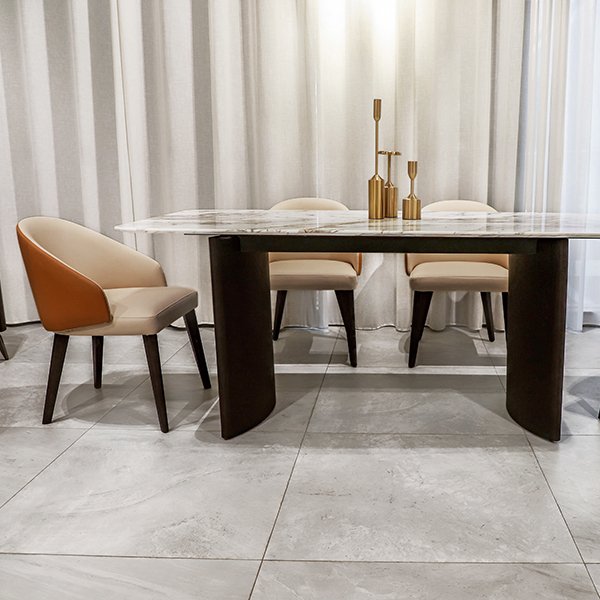Nordic Furniture Wood Dining Table And Arm Chair Set For 6 Seater With White Leather Dining Chairs