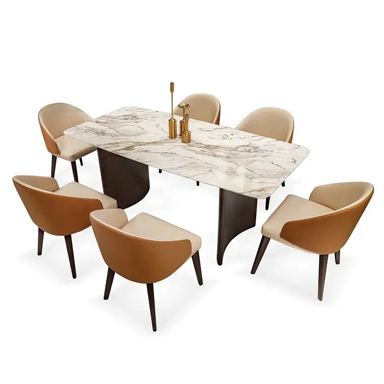 Nordic Furniture Wood Dining Table And Arm Chair Set For 6 Seater With White Leather Dining Chairs