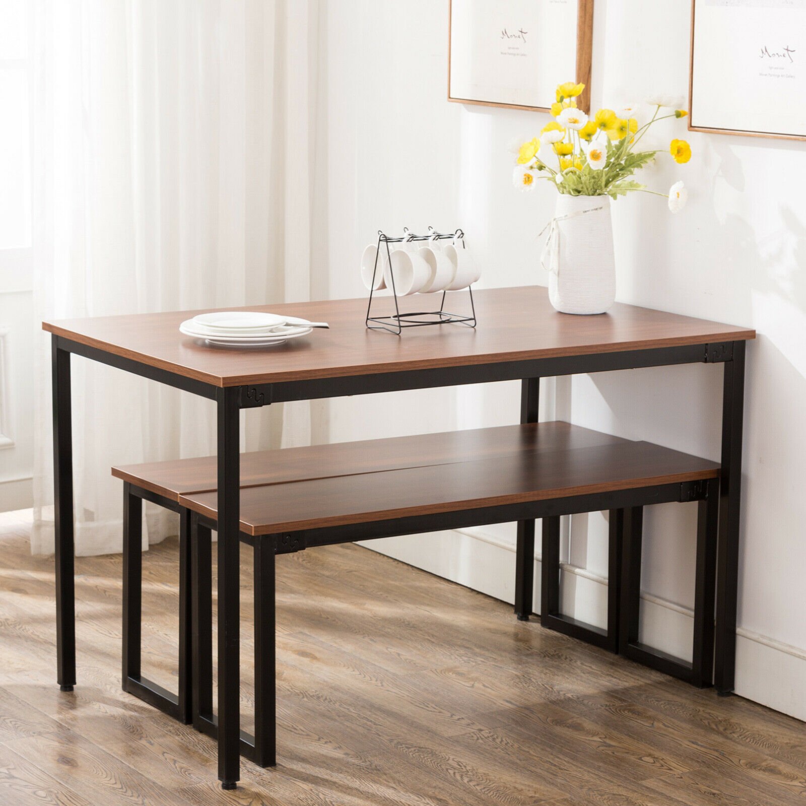3 Piece Dining Table Set Kitchen Tables Set with Two Benches