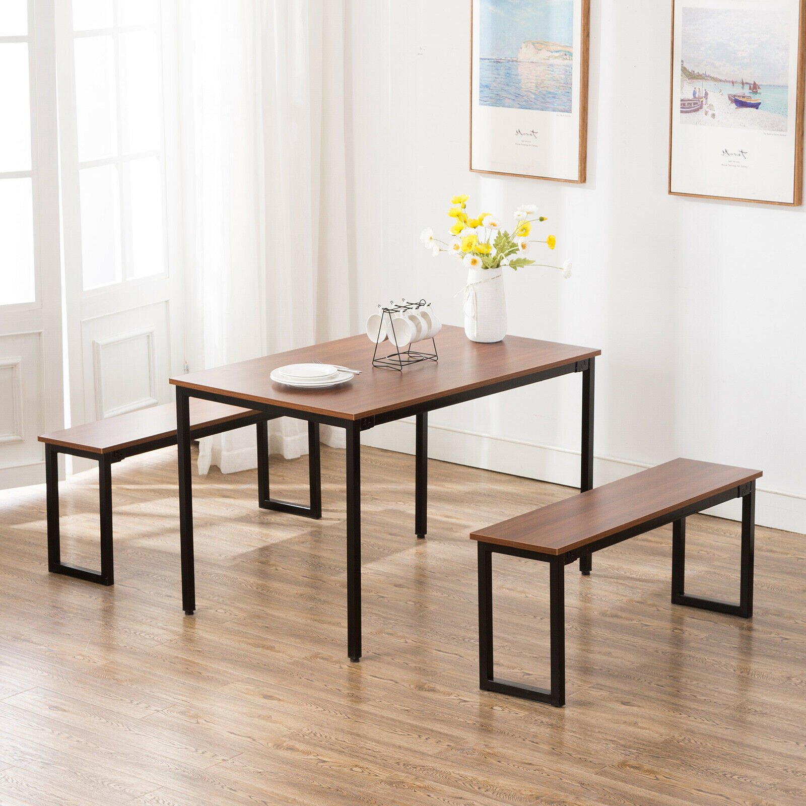3 Piece Dining Table Set Kitchen Tables Set with Two Benches