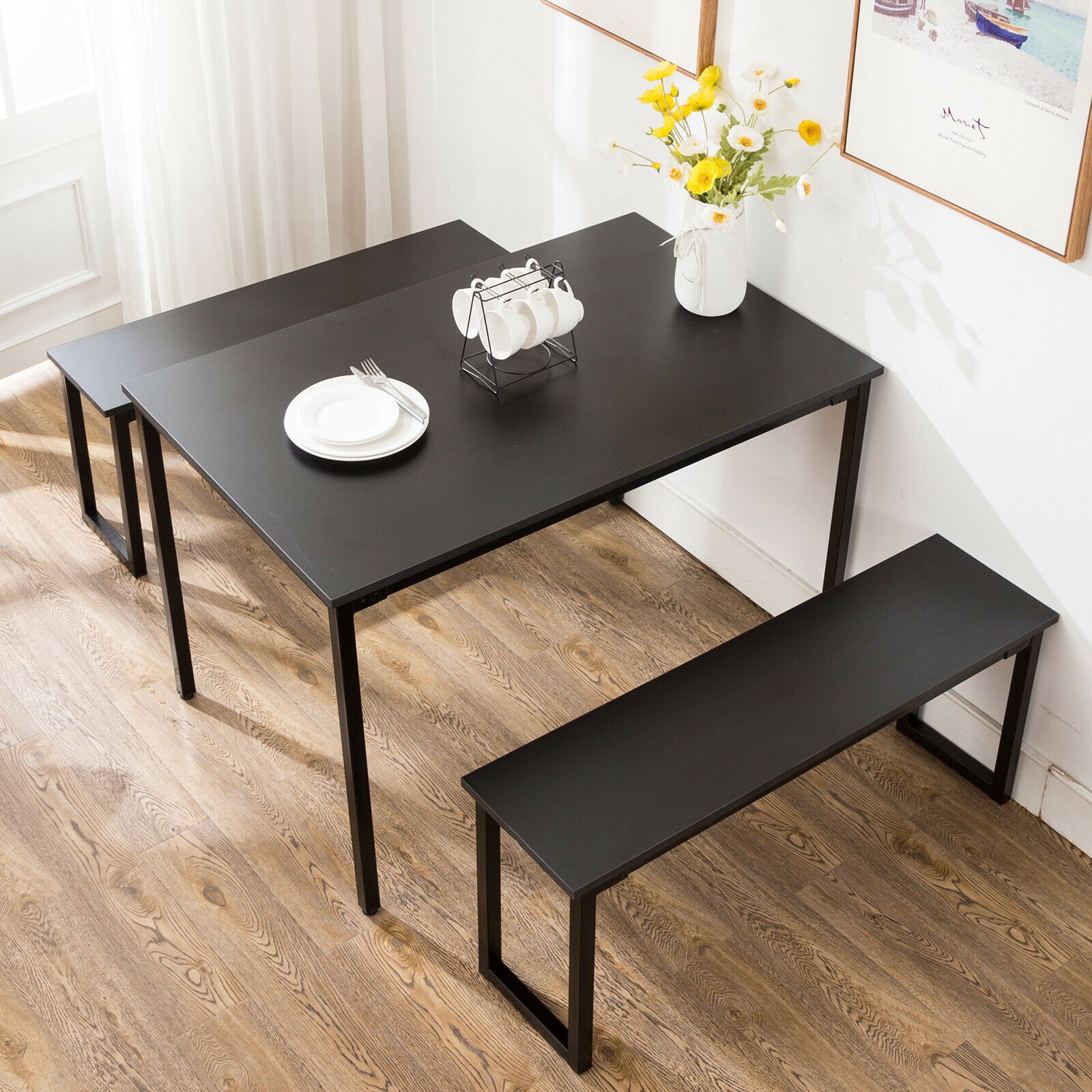 3 Piece Dining Table Set Kitchen Tables Set with Two Benches