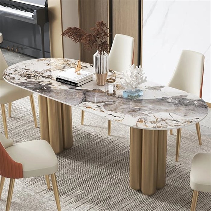 Brand New Modern Luxury Stainless Steel Dining Table White Marble Extendable for Home Kitchen Use