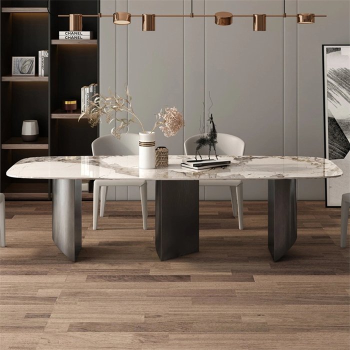 Brand New Modern Luxury Stainless Steel Dining Table White Marble Extendable for Home Kitchen Use