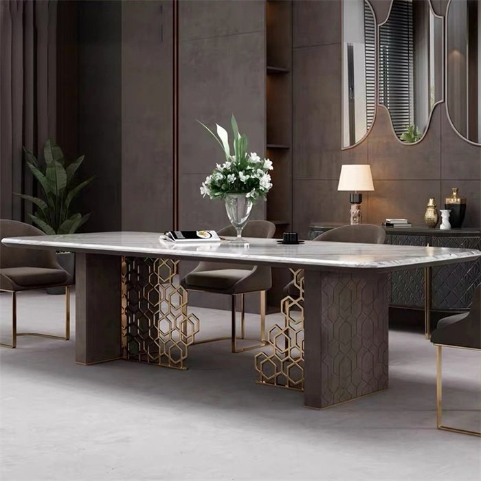 Brand New Modern Luxury Stainless Steel Dining Table White Marble Extendable for Home Kitchen Use