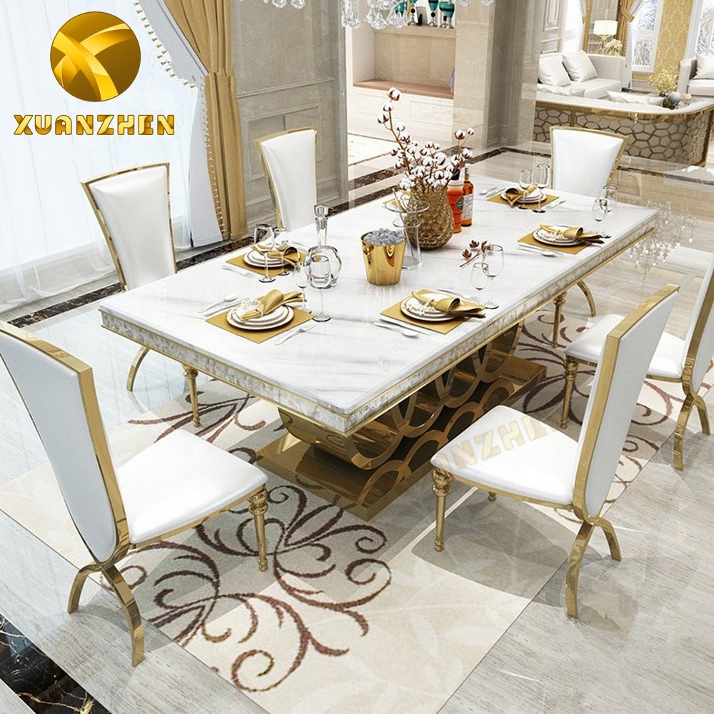 Home furniture modern dining room set marble dining table with 6 chairs made in Foshan DT001
