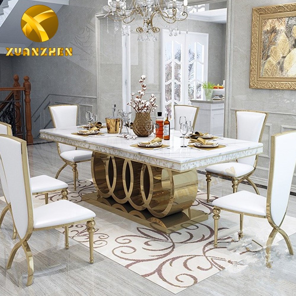 Home furniture modern dining room set marble dining table with 6 chairs made in Foshan DT001