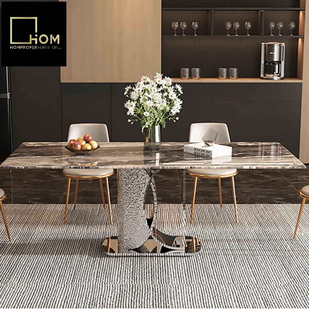 Snow Mountain White Rock Multi-person Dining Table Set High-End Lauren Black Hotel Restaurant Home Light Luxury Stone