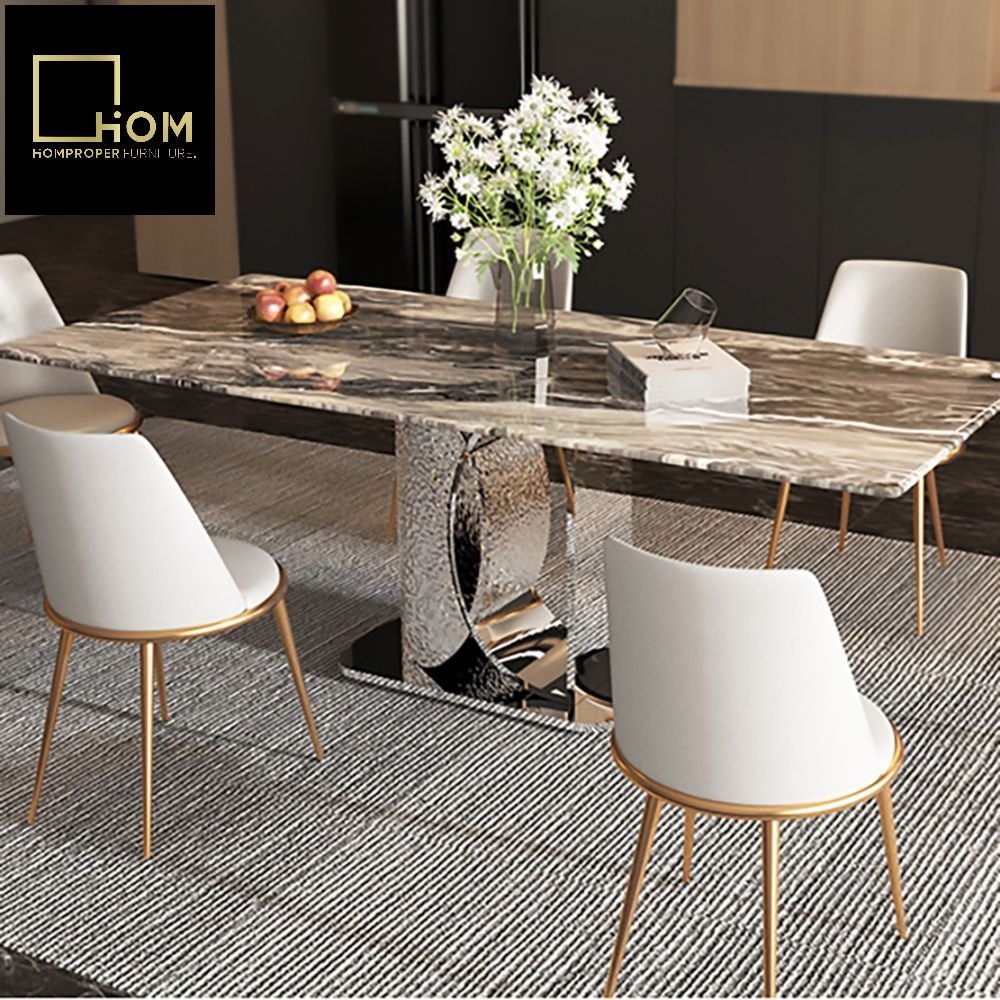Snow Mountain White Rock Multi-person Dining Table Set High-End Lauren Black Hotel Restaurant Home Light Luxury Stone