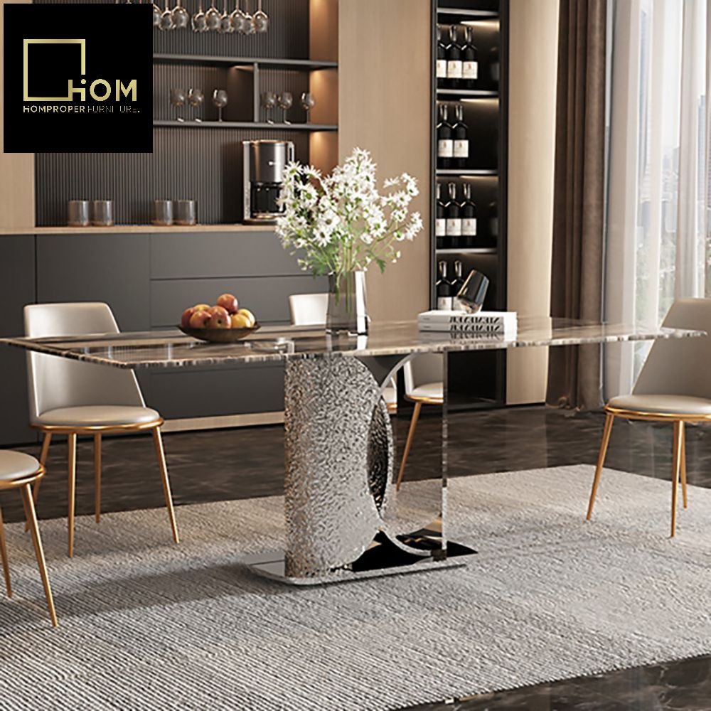 Snow Mountain White Rock Multi-person Dining Table Set High-End Lauren Black Hotel Restaurant Home Light Luxury Stone