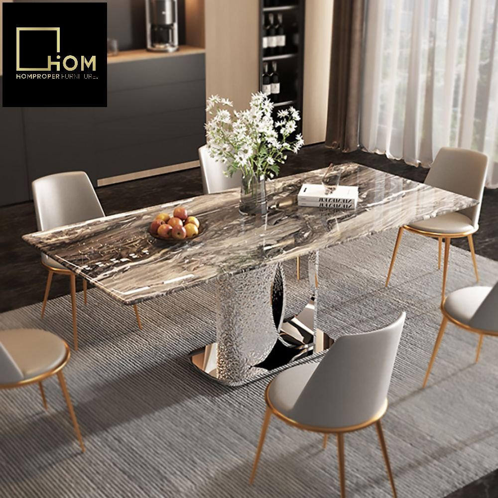 Snow Mountain White Rock Multi-person Dining Table Set High-End Lauren Black Hotel Restaurant Home Light Luxury Stone