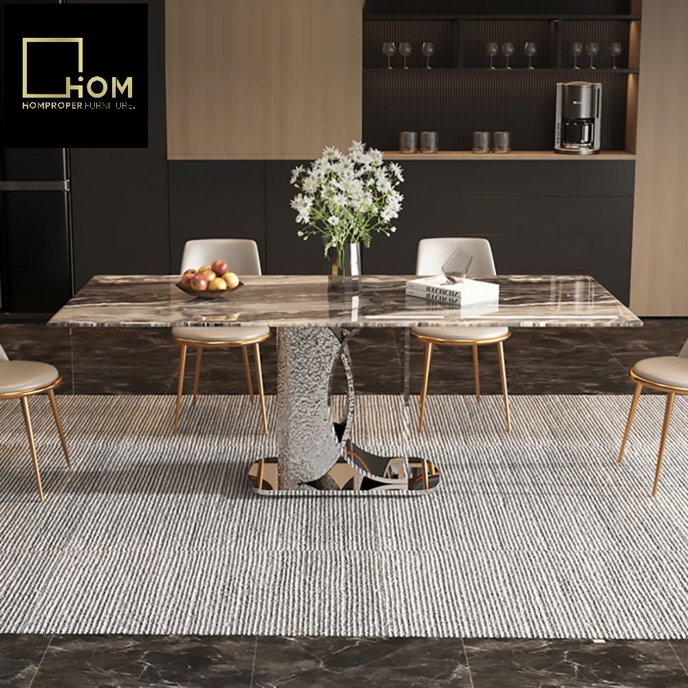 Snow Mountain White Rock Multi-person Dining Table Set High-End Lauren Black Hotel Restaurant Home Light Luxury Stone
