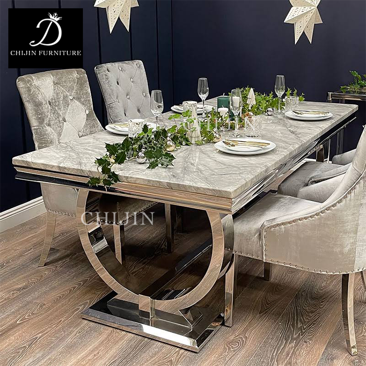 Luxury Marble Dining Room Table Silver Stainless Steel Base Long Dining Table And Chairs Set Furniture