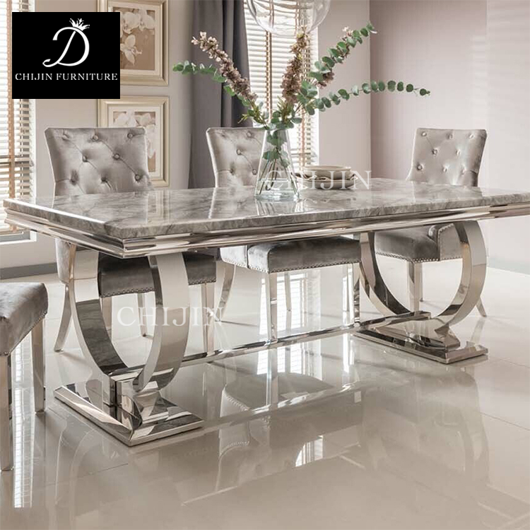 Luxury Marble Dining Room Table Silver Stainless Steel Base Long Dining Table And Chairs Set Furniture