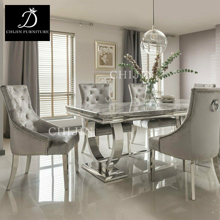 Luxury Marble Dining Room Table Silver Stainless Steel Base Long Dining Table And Chairs Set Furniture