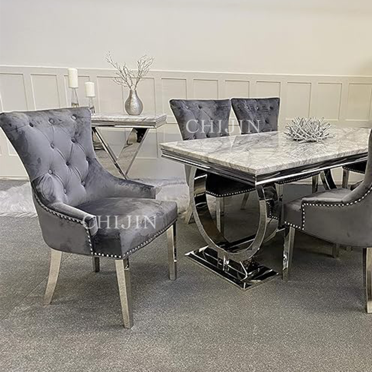 Luxury Marble Dining Room Table Silver Stainless Steel Base Long Dining Table And Chairs Set Furniture