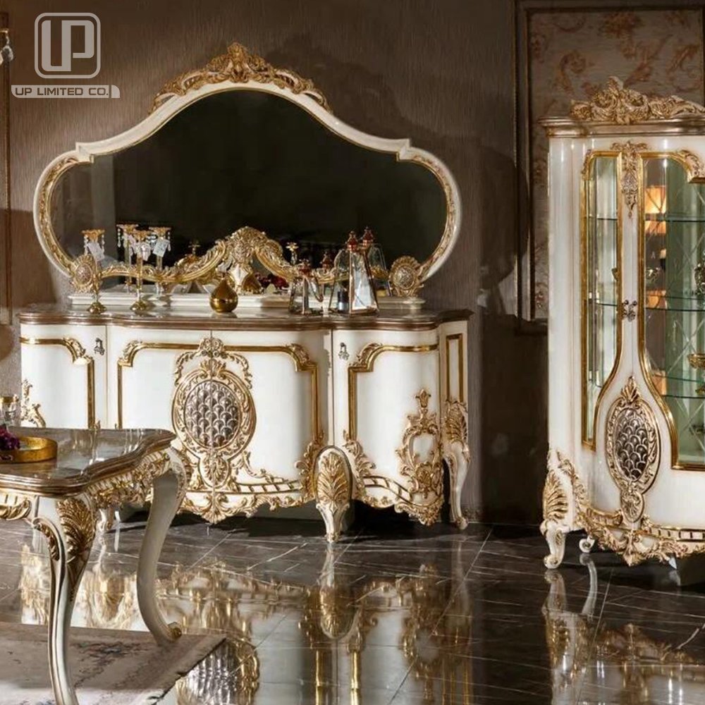 100% Hand Carving High Quality Dining Room Furniture Set Royal Dining Table With Royal Buffet Cabinet